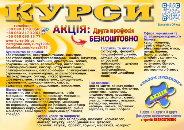 Курси сушист, піццеолі манікюр, шиття, плиточник